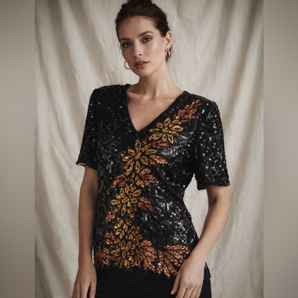 Vintage Stenay Black Sequin Beaded‎ Top XL | Floral Embellished Evening Blouse